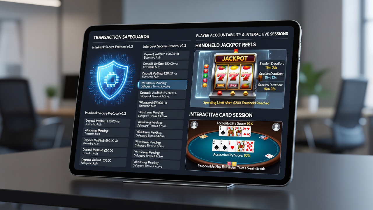 Mobile gaming interface showing transaction safeguards and player accountability tools in jackpot reels and card sessions