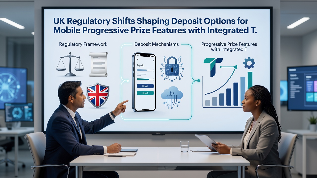 Illustration of regulatory compliance dashboard showing deposit flow between progressive jackpot slots and integrated table game modules