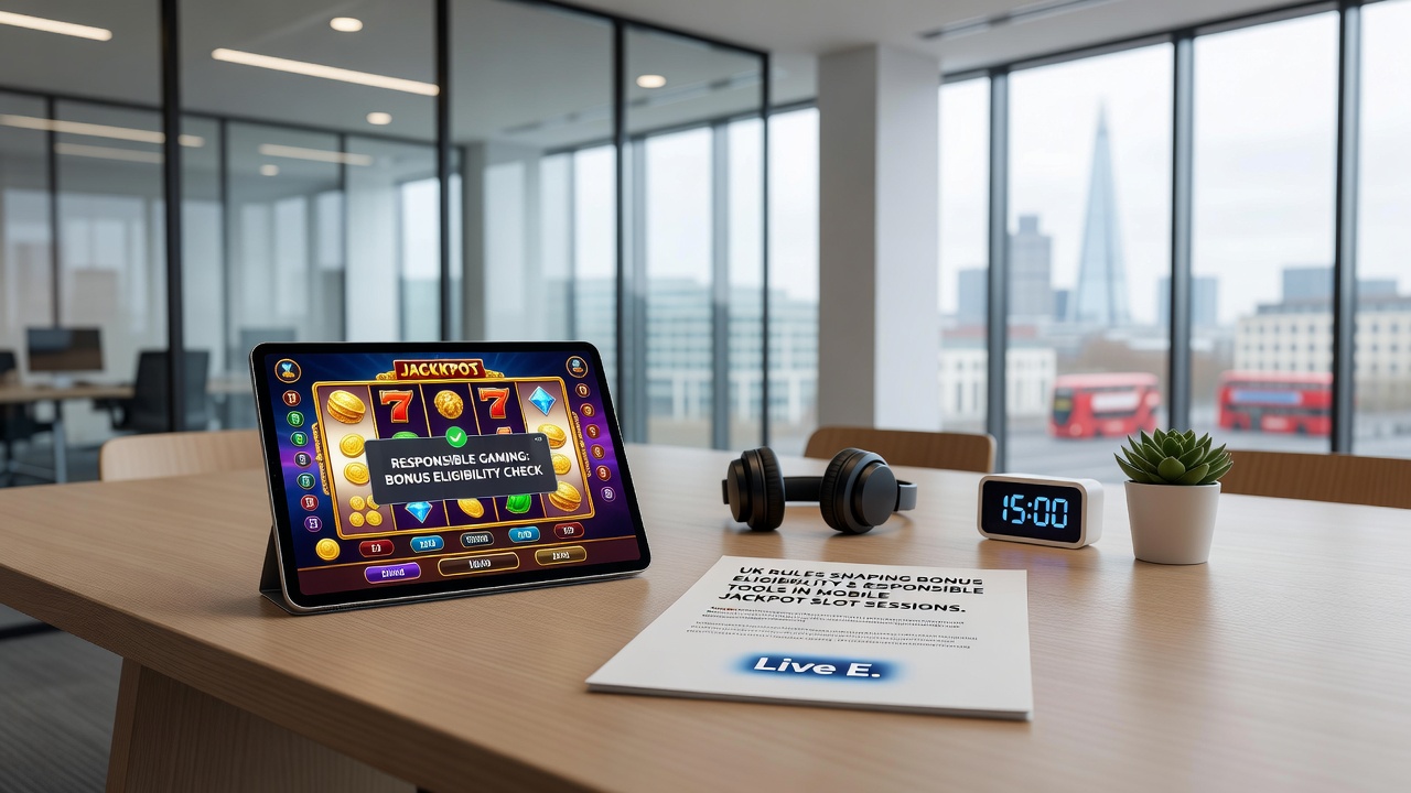 Smartphone displaying responsible gambling tools including deposit limits and session timers alongside a live jackpot slot game